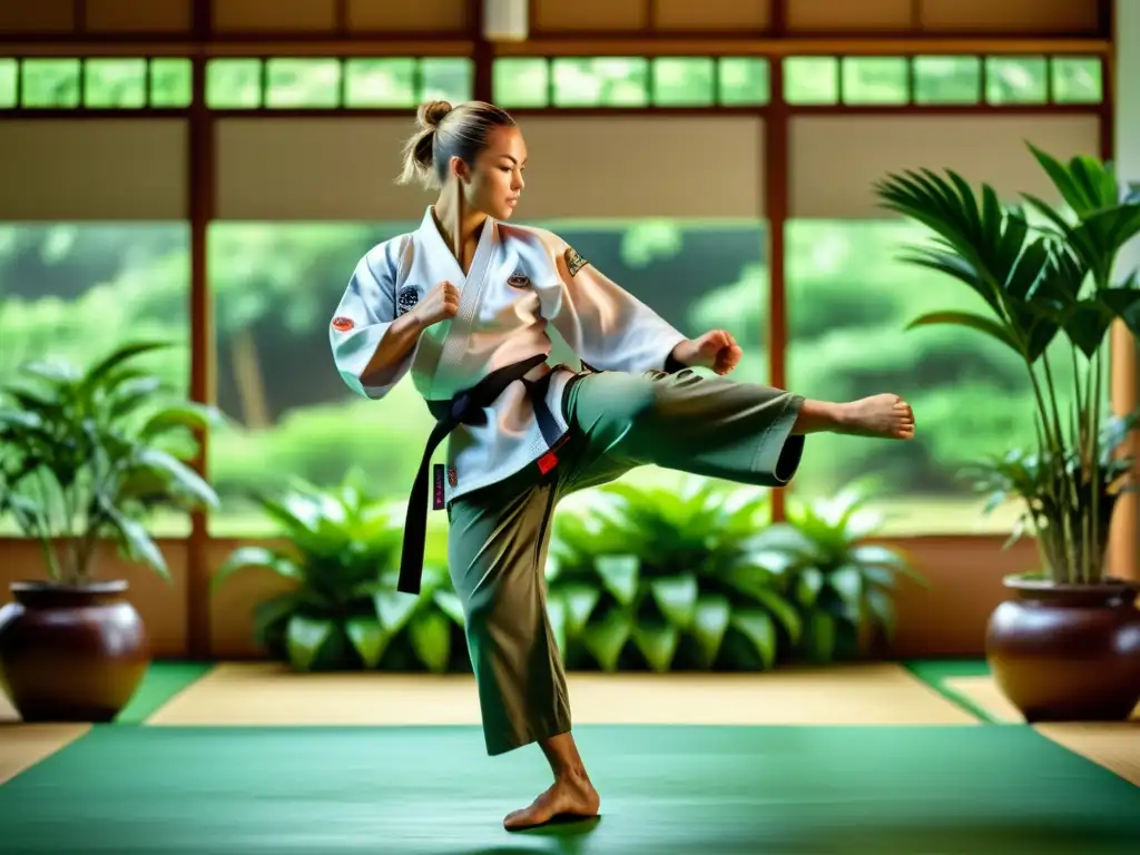 Un artista marcial profesional realiza una patada poderosa y precisa en un dojo, con un fondo de plantas verdes vibrantes, mostrando fuerza y agilidad