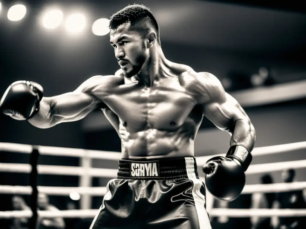 Un artista marcial profesional ejecuta una potente patada en el ring, con un ambiente de gimnasio crudo