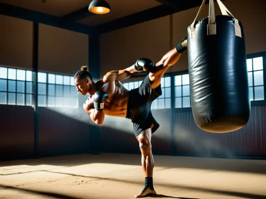 Un artista marcial profesional golpea un saco de arena en un gimnasio tenue
