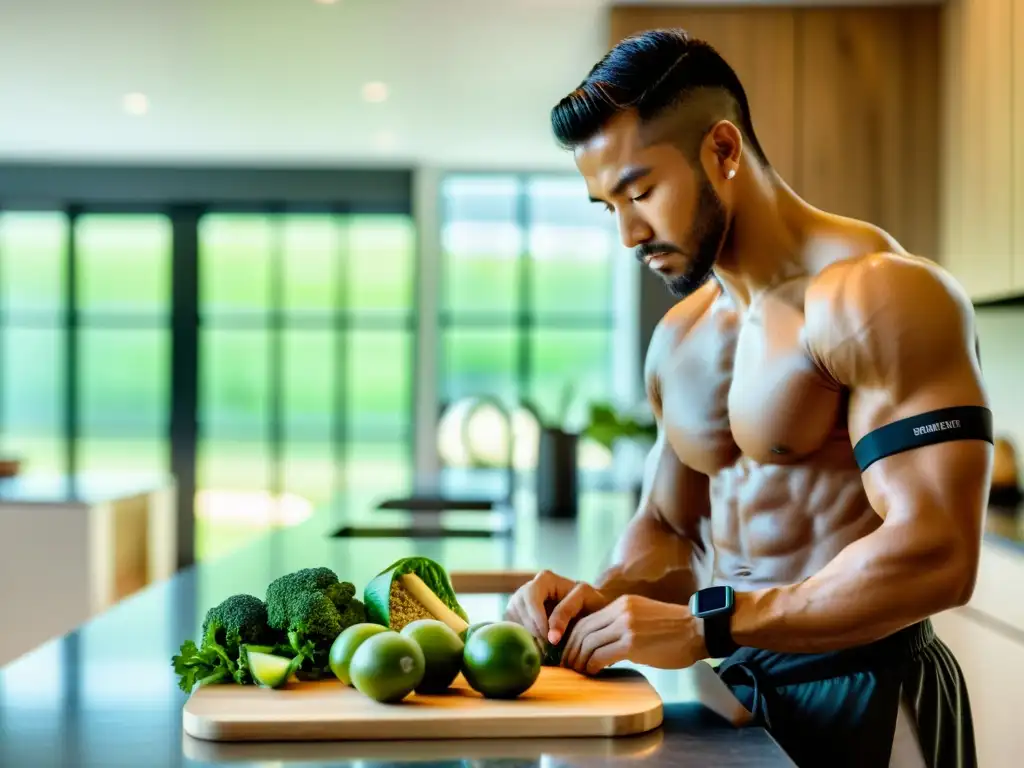 Un artista marcial profesional usando un wearable en la cocina, preparando una comida saludable