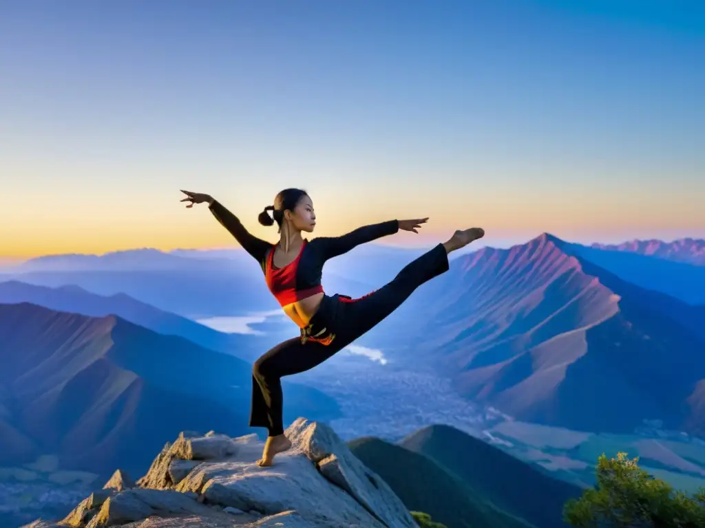 Un artista marcial en un profundo estiramiento durante el amanecer en la cima de una montaña