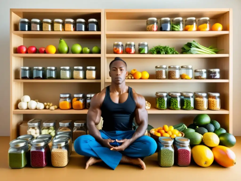 Un artista marcial prepara con reverencia una comida balanceada en su estudio soleado, rodeado de alimentos