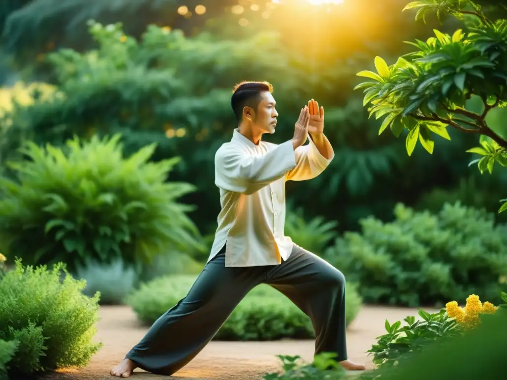 Un artista marcial practica tai chi rodeado de hierbas adaptógenas en un jardín sereno