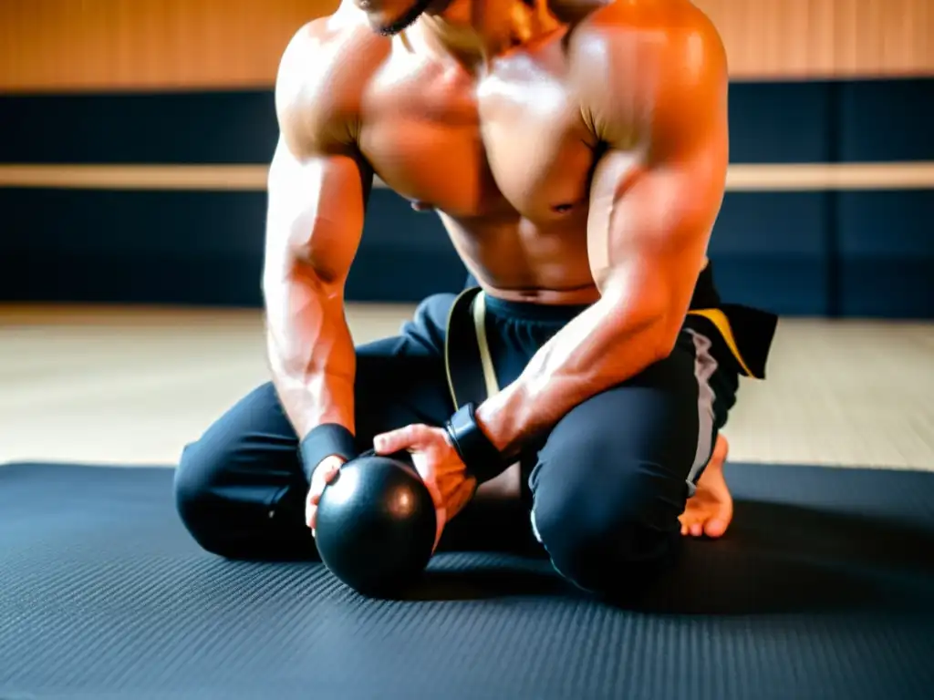 Un artista marcial usando rodilleras negras en un dojo tradicional, demostrando intensidad y disciplina en su entrenamiento