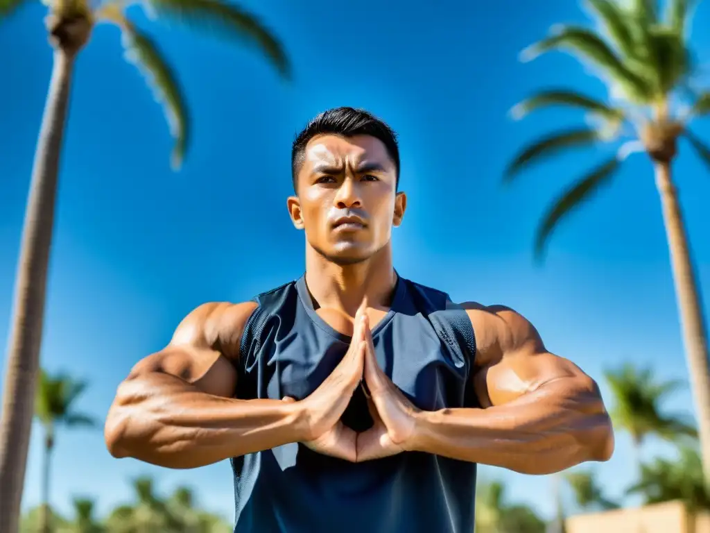 Un artista marcial en ropa de entrenamiento se prepara para entrenar bajo el sol, mostrando determinación y fuerza