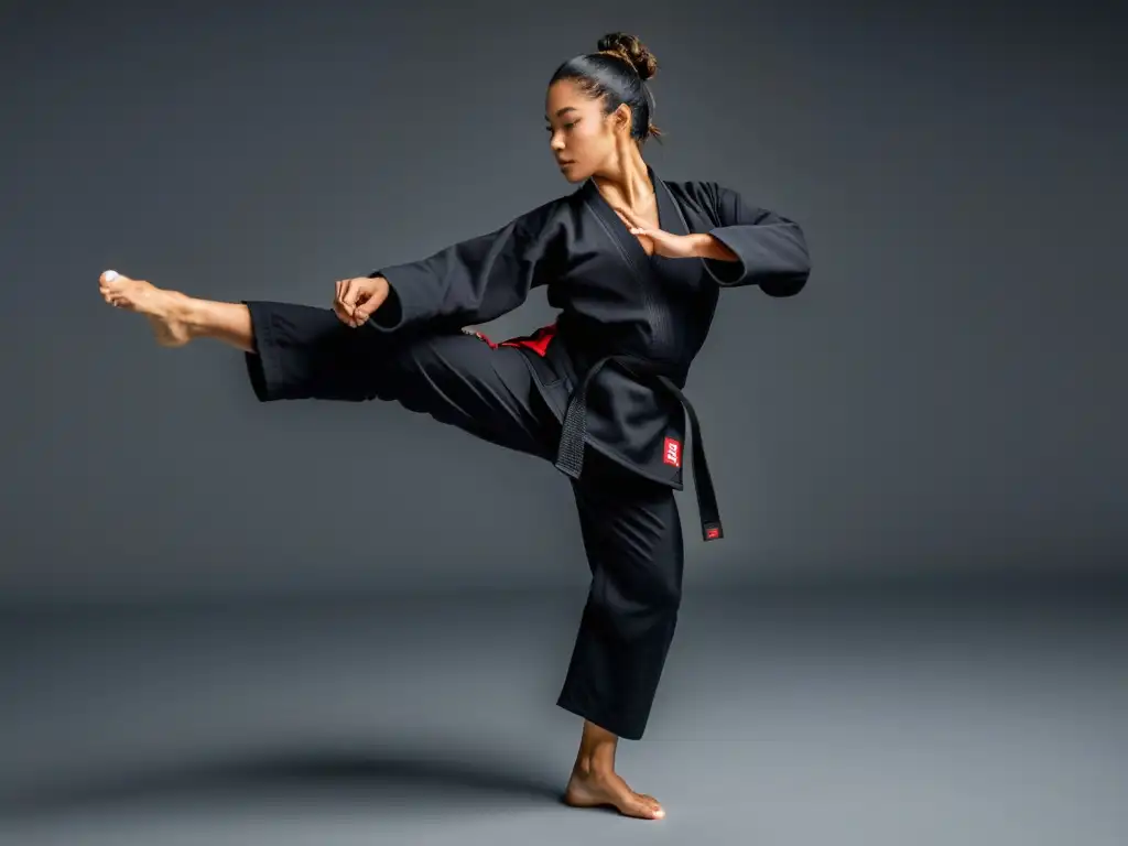 Un artista marcial ejecuta un roundhouse kick perfecto, destacando la ropa de entrenamiento especial para yoga marcial en una toma estilo documental