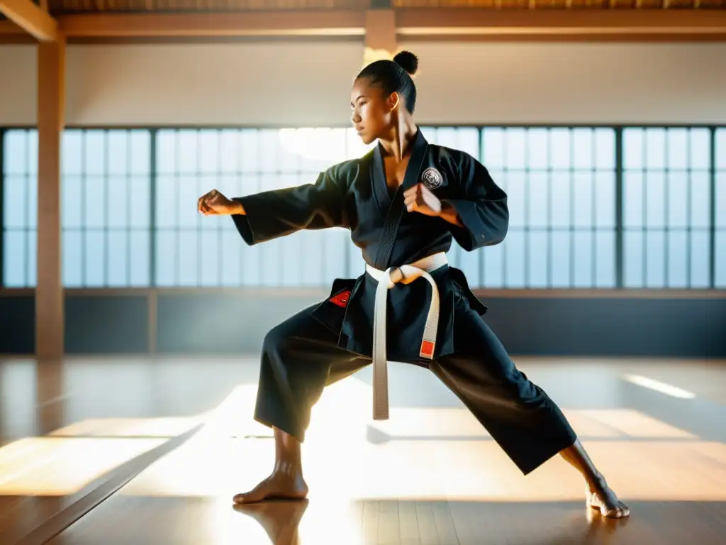 Un artista marcial realiza rutinas de calentamiento dinámico en un dojo soleado, emanando fuerza y disciplina