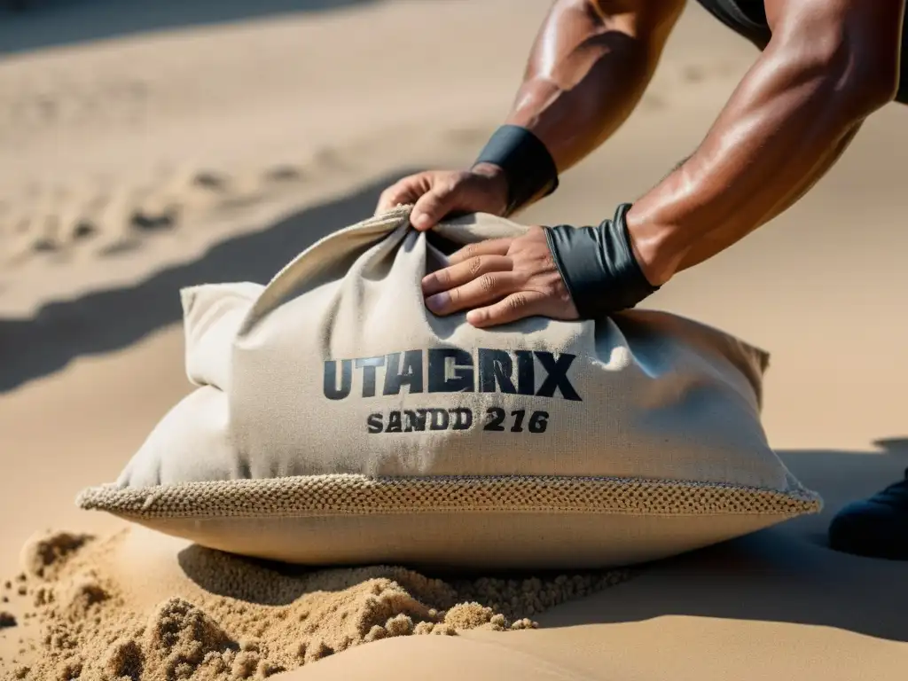 Un artista marcial llena un saco de arena para entrenamiento con una meticulosa disciplina, mostrando fuerza y determinación