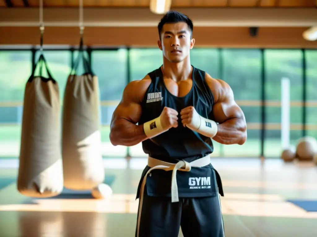 Un artista marcial entrenando con sacos de arena para entrenamiento, mostrando fuerza y dedicación en un gimnasio iluminado por luz natural