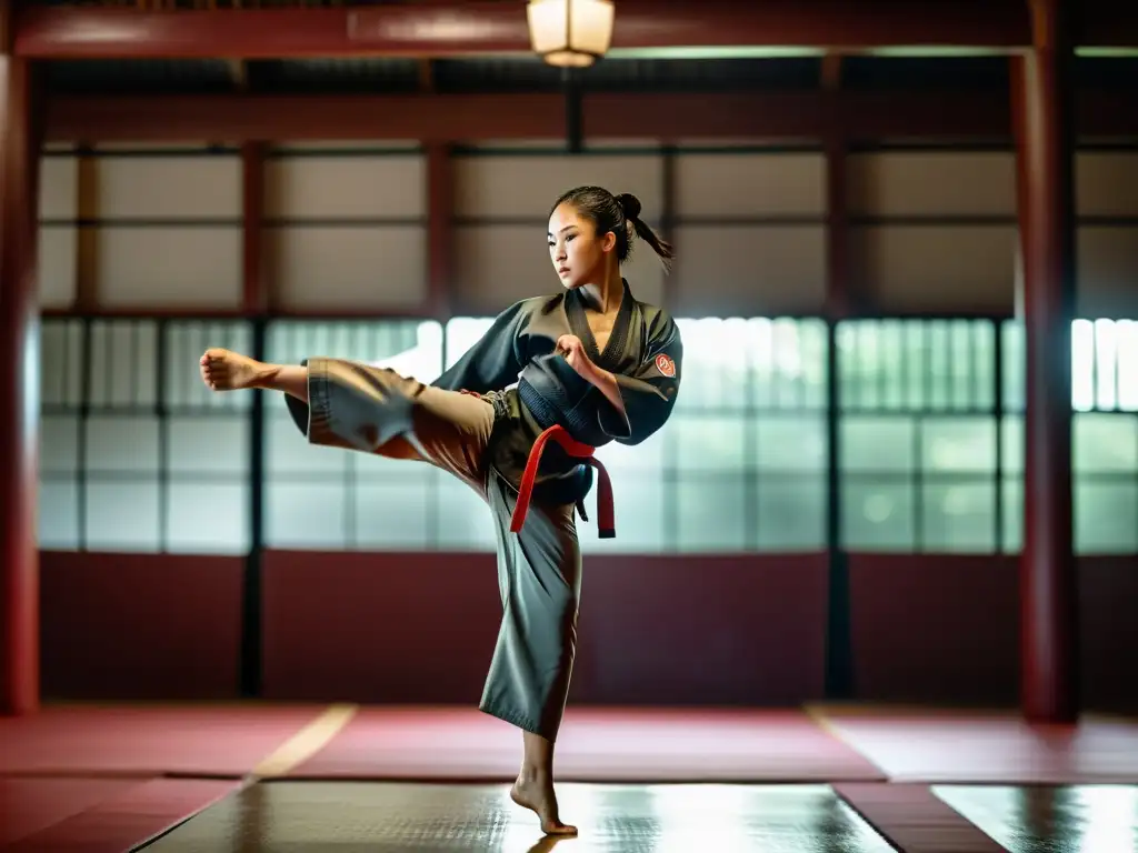 Una artista marcial ejecuta un salto impecable en un dojo tenue, mostrando determinación y destreza