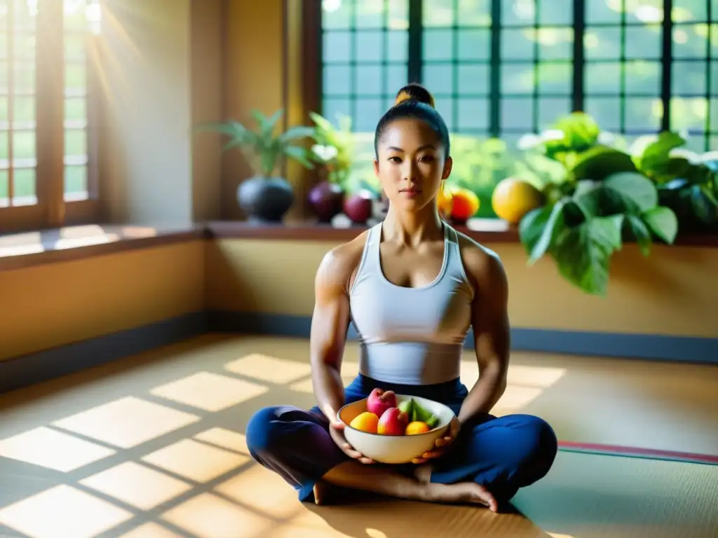 Un artista marcial sereno disfruta de una comida saludable en un dojo bañado por luz natural