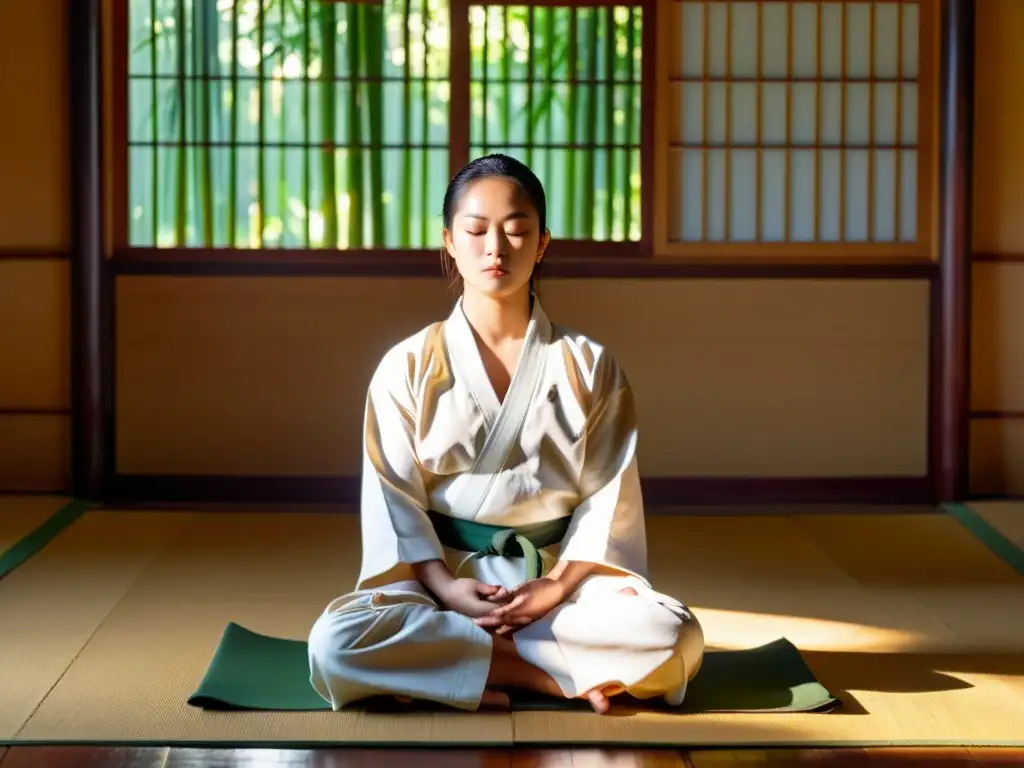 Un artista marcial sereno medita en un dojo iluminado por el sol, conectando con los beneficios de la meditación en artes marciales