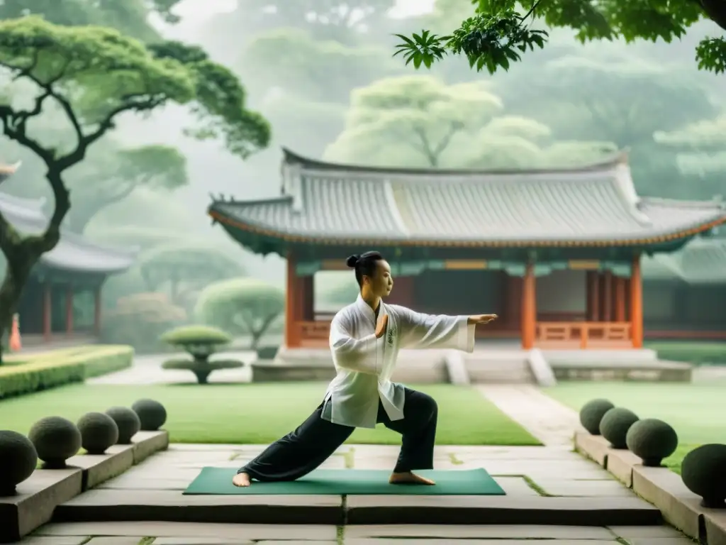 Un artista marcial realiza Tai Chi en un jardín sereno y neblinoso, emanando armonía y control