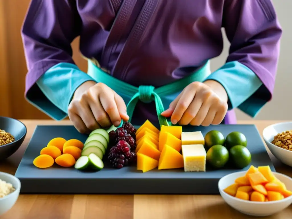 Un artista marcial prepara snacks saludables antes de la clase en una cocina minimalista y bien iluminada, mostrando arte y mindfulness