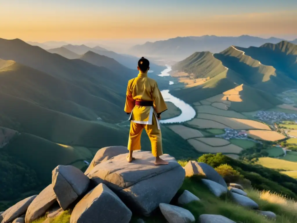 Un artista marcial solitario en un acantilado rocoso, contemplando un paisaje vasto y sereno iluminado por el sol poniente