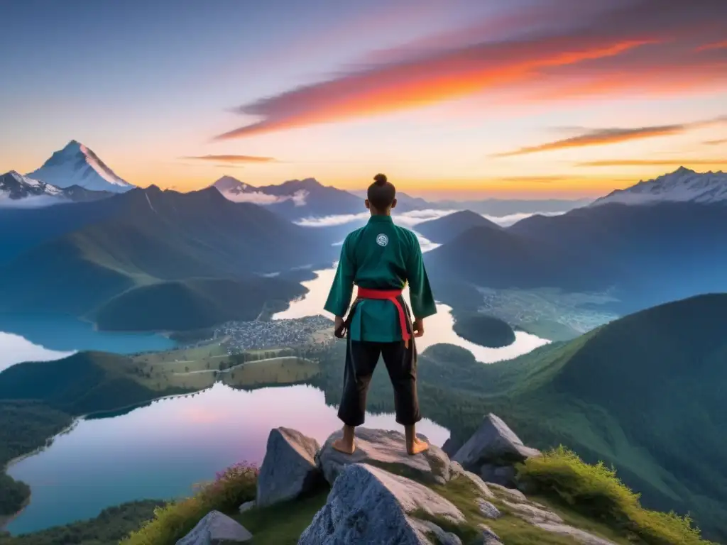 Un artista marcial solitario en la cima de una montaña neblinosa, con un amanecer vibrante de fondo y un lago alpino sereno