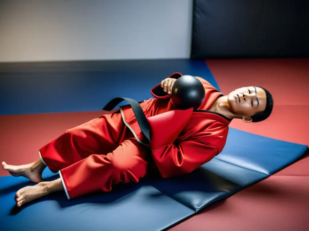 Un artista marcial perfeccionando su técnica en un dummy, mostrando intensidad y precisión para mejorar técnica artes marciales dummies