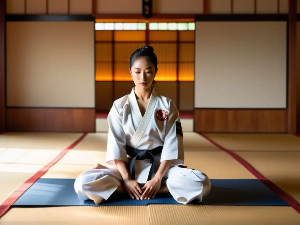 Un artista marcial ejecuta una técnica fluida de Hapkido en un dojo sereno, irradiando paz y energía