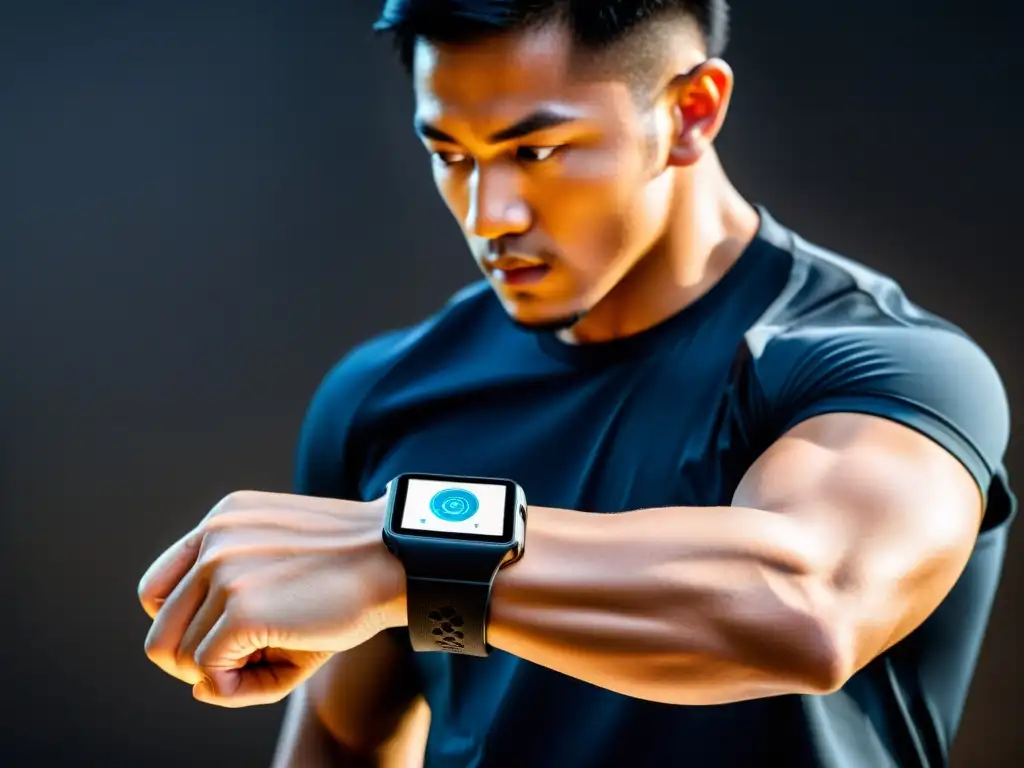 Un artista marcial usa tecnologías wearables durante un entrenamiento dinámico