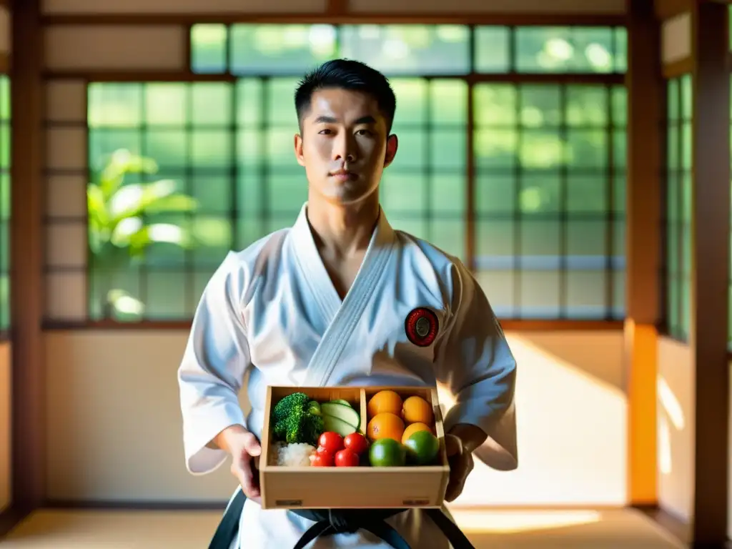 Un artista marcial en un gi tradicional sostiene un bento con comida abundante y equilibrada