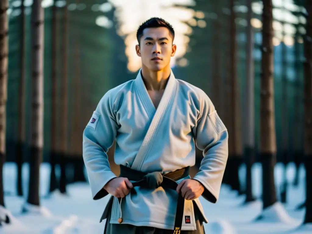 Un artista marcial en gi tradicional en un bosque nevado al amanecer, demostrando las mejores capas térmicas para artes marciales en invierno