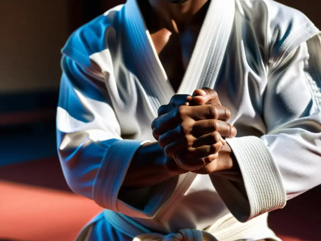 Un artista marcial en un gi tradicional, concentrado, envuelve sus manos con tela blanca antes del entrenamiento