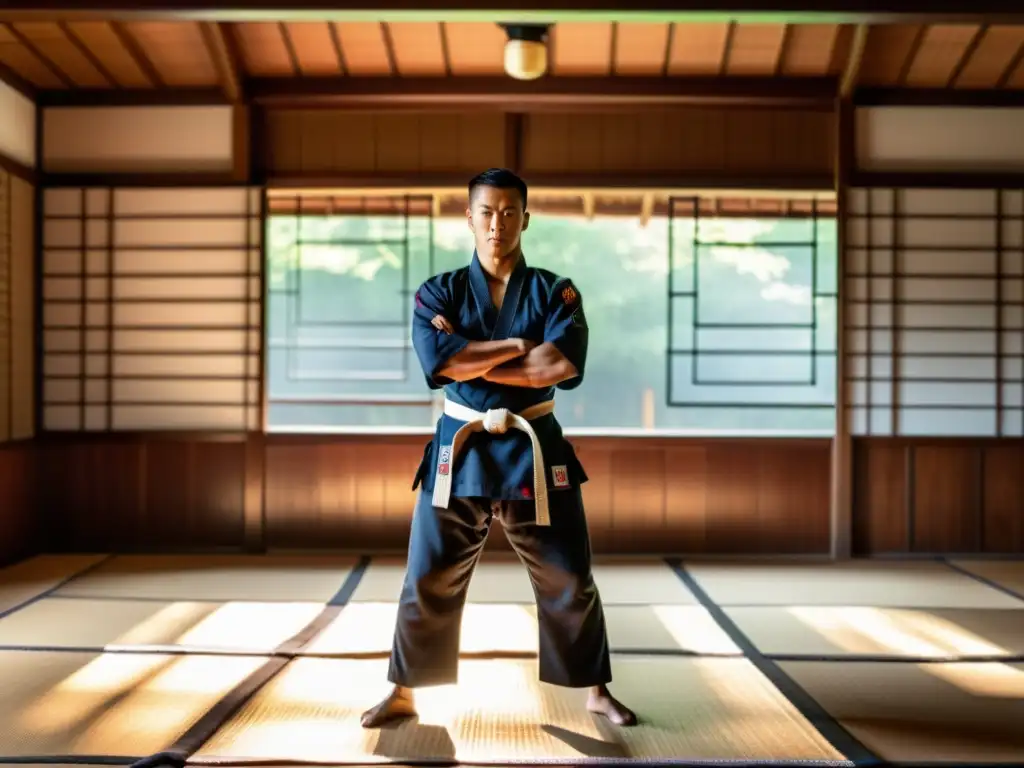 Un artista marcial en un gi tradicional, concentrado en su patada en un dojo sereno con luz solar