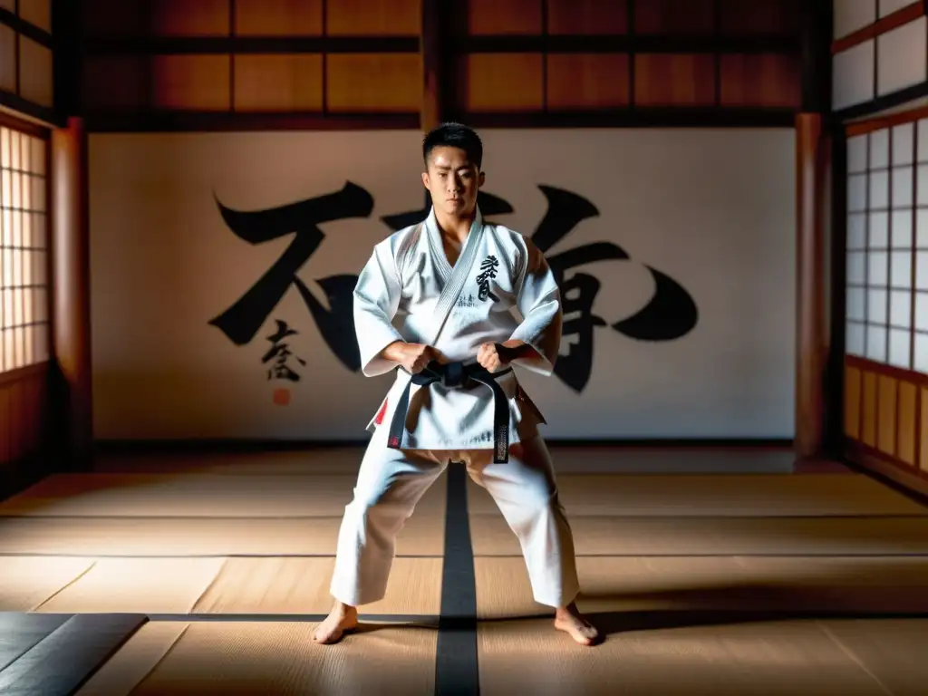 Un artista marcial en un gi blanco tradicional en un dojo tenue, mostrando determinación