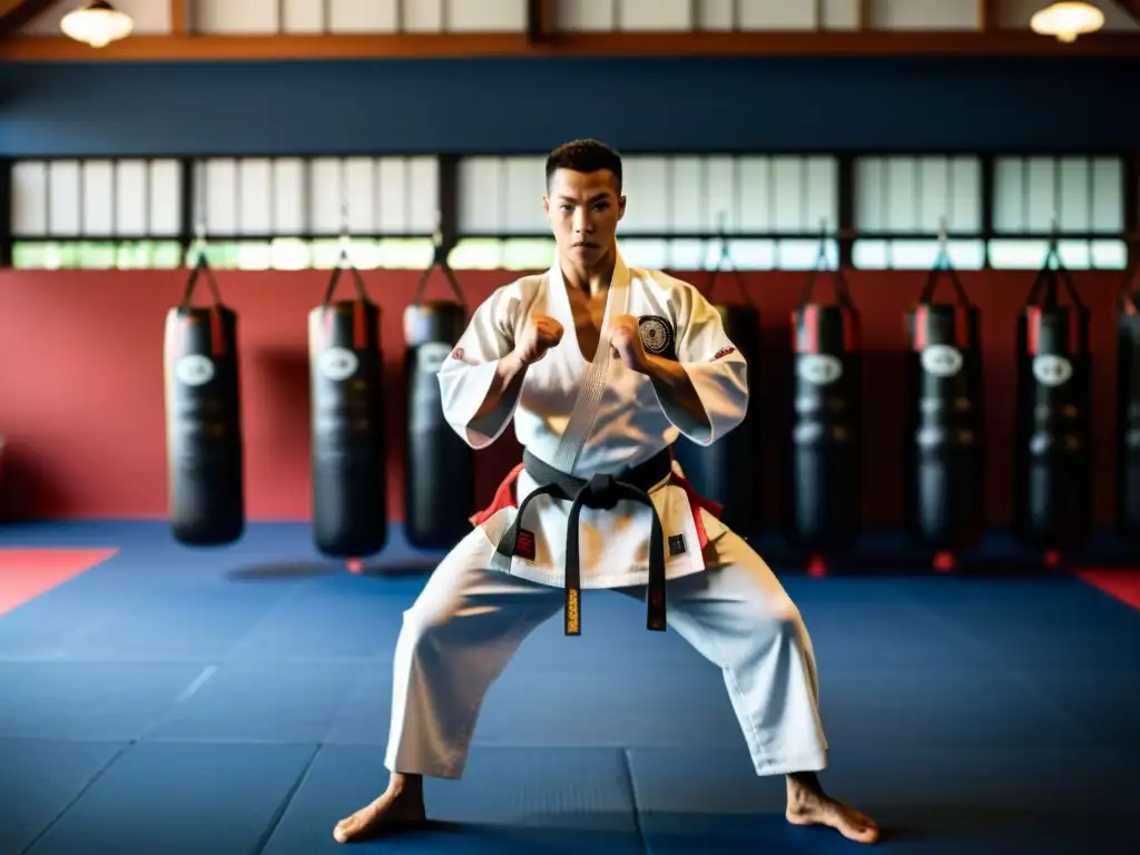 Un artista marcial en un gi tradicional, ejecutando una patada, rodeado de un dojo lleno de estudiantes