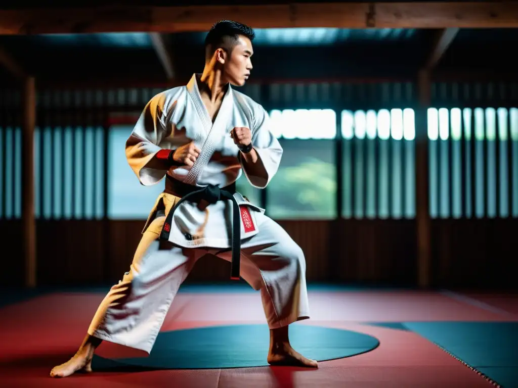 Un artista marcial en gi tradicional ejecuta un preciso y potente roundhouse kick en un dojo