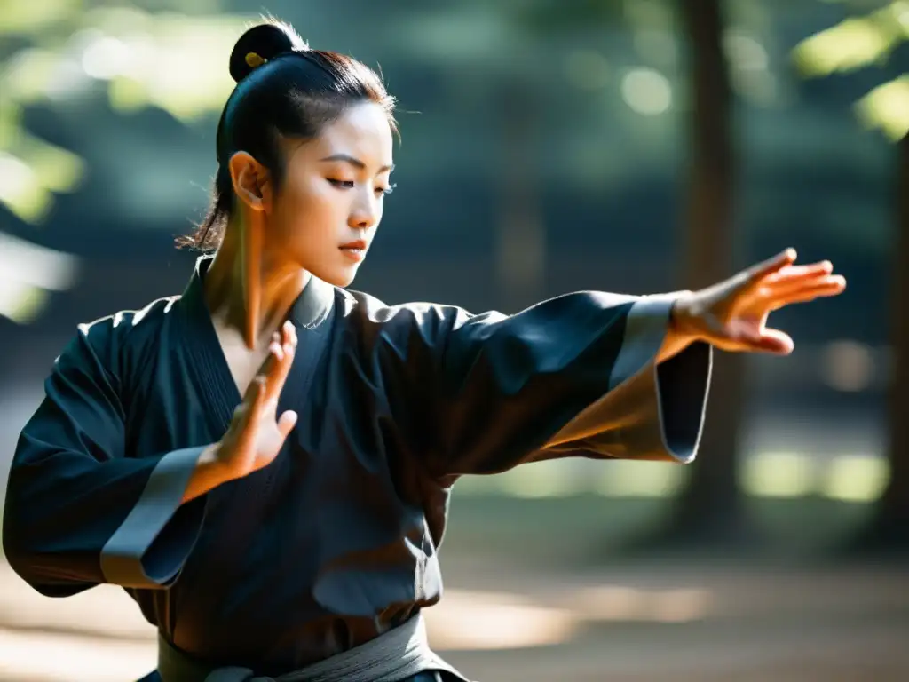 Un artista marcial en un uniforme de Kung Fu realiza movimientos precisos en un entorno sereno, encarnando la filosofía Yin Yang en Kung Fu