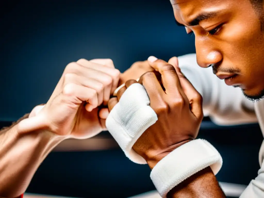 Un artista marcial se concentra mientras enrolla vendas alrededor de sus nudillos, destacando la preparación meticulosa y la determinación necesaria en el entrenamiento de artes marciales