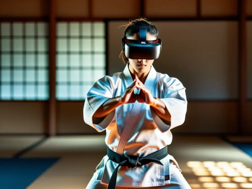 Un artista marcial usa un visor VR para perfeccionar katas en un dojo tradicional