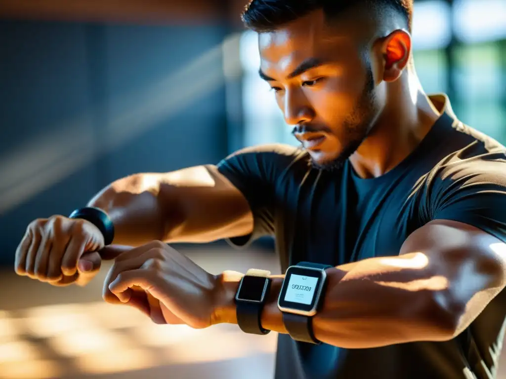 Un artista marcial con un wearable para flexibilidad, ejecutando un alto patada en un dojo iluminado por el sol