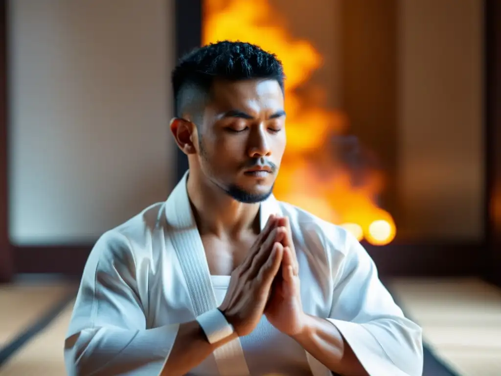 Un artista marcial meditando con un wearable minimalista en un dojo tradicional