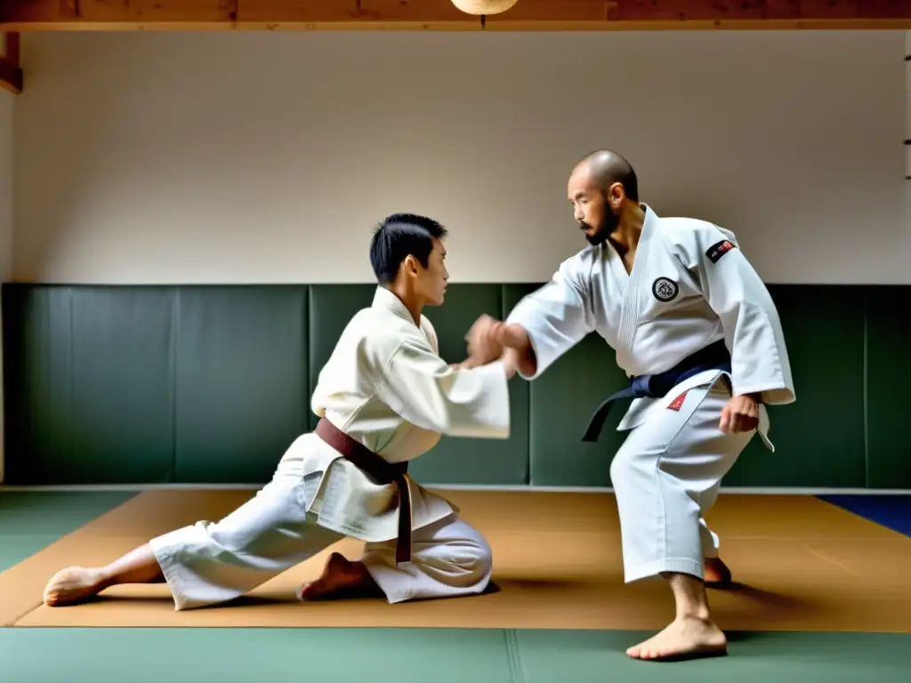 Dos artistas marciales, uno practicando Aikido y el otro Judo, muestran las diferencias en un dojo tradicional