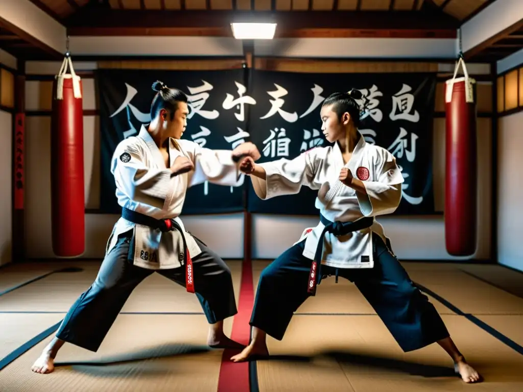 Dos artistas marciales en combate dinámico en un dojo tradicional japonés