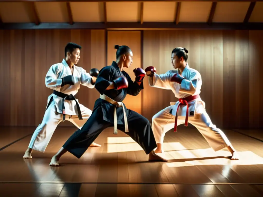 Dos artistas marciales compiten en un dinámico combate en un dojo tradicional, reflejando la intensidad de los eventos de artes marciales exclusivos