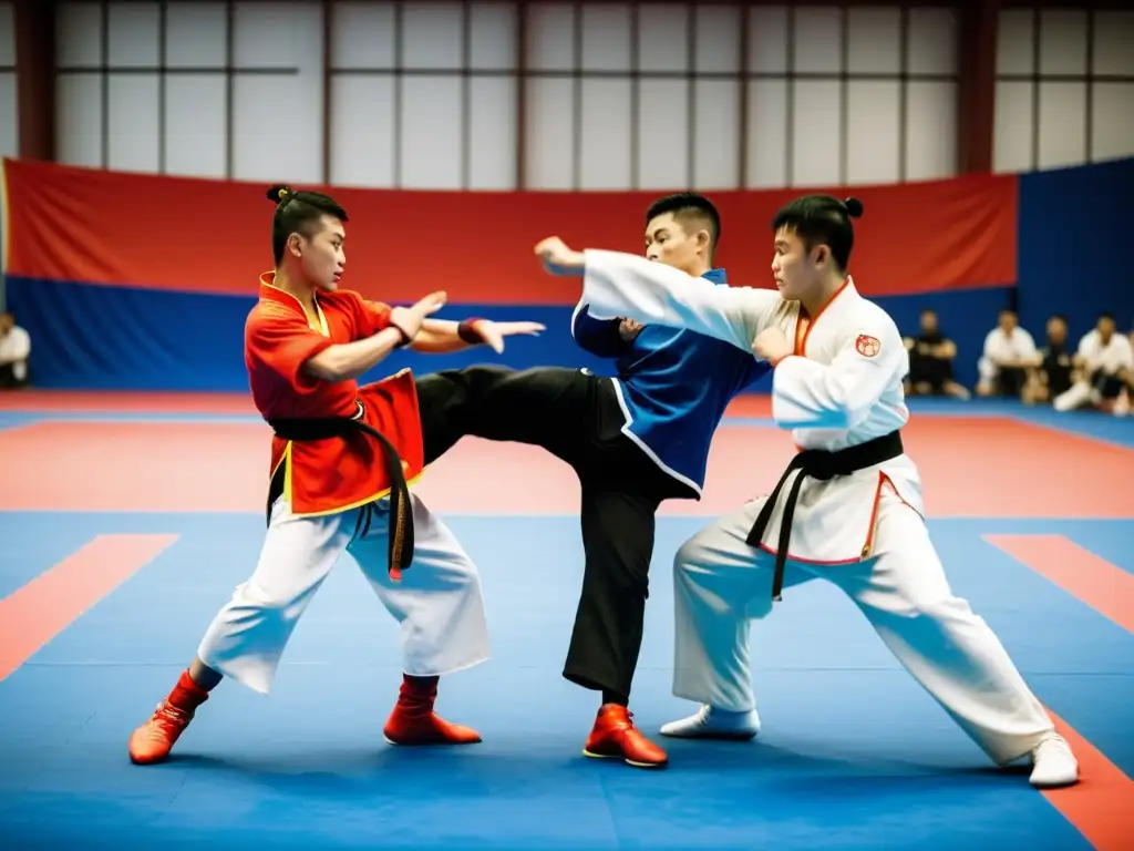 Dos artistas marciales compiten en un dinámico combate de Wushu, mostrando precisión y potencia en sus patadas