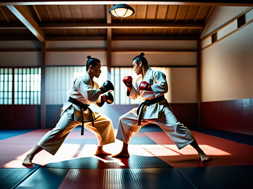 Dos artistas marciales compiten en un dojo tradicional, mostrando técnica y agilidad