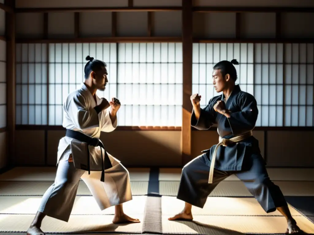 Dos artistas marciales en un dojo tradicional, con expresiones concentradas, músculos tensos y respeto entre contrincantes en artes marciales