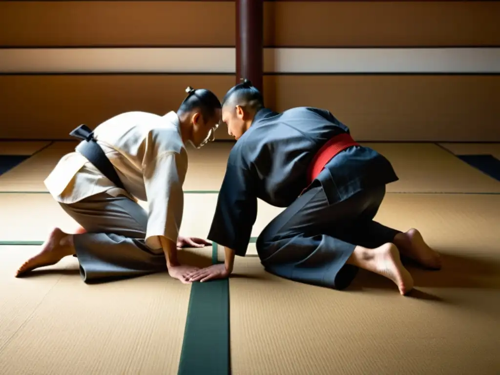 Dos artistas marciales se inclinan respetuosamente en un dojo tradicional, transmitiendo ética del enfrentamiento en artes marciales