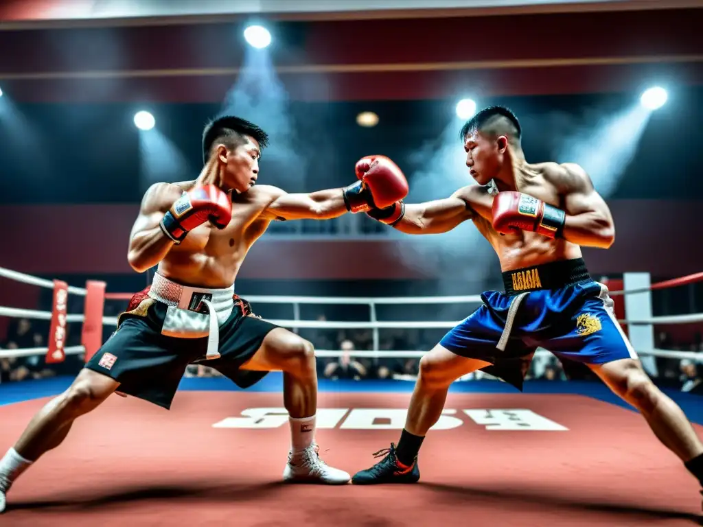 Dos artistas marciales ejecutan una intensa pelea de boxeo chino en un escenario tradicional, mostrando fuerza y destreza