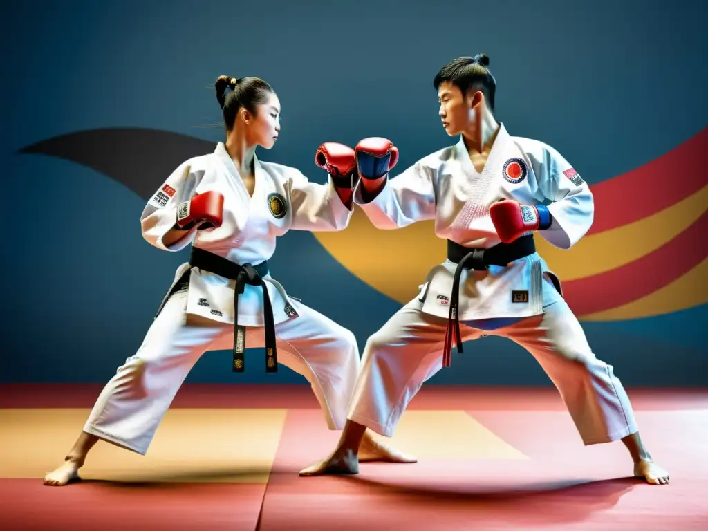 Dos artistas marciales en un intenso combate de taekwondo olímpico tradicional, con colores vibrantes y movimientos dinámicos