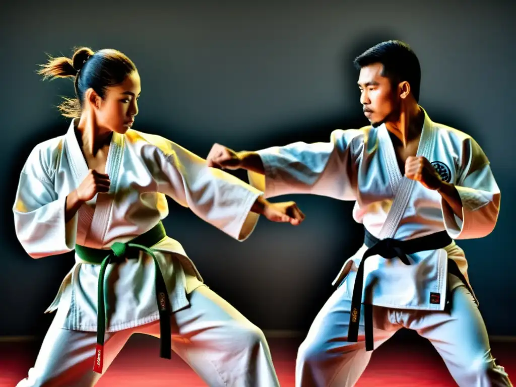 Dos artistas marciales practicando karate tradicional y deportivo, mostrando diferencias técnicas