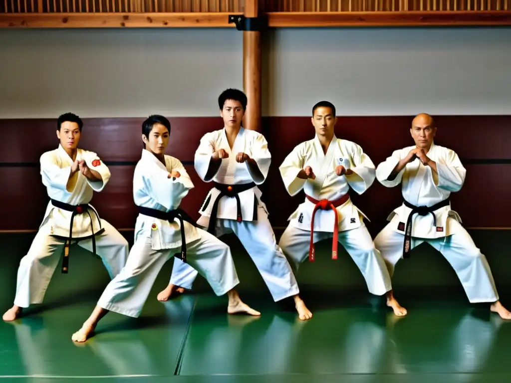 Cinco artistas marciales ejecutan katas de diferentes estilos de Karate en un dojo