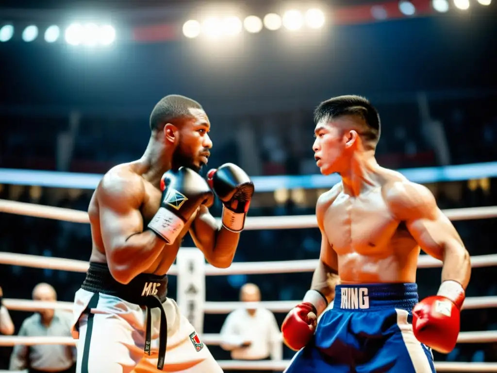 Dos artistas marciales compiten en el ring, con intensa determinación y técnica impresionante