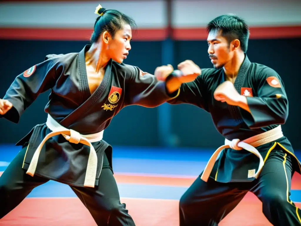 Dos artistas marciales de Silat compiten en un intenso combate, mostrando agilidad y precisión