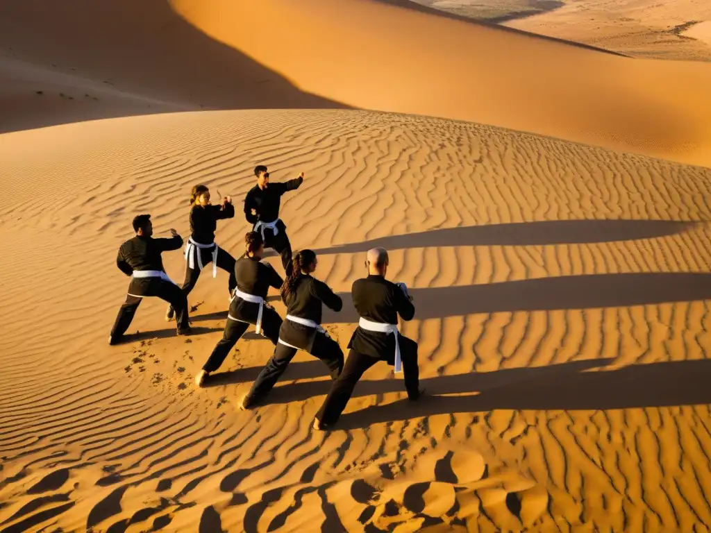 Práctica de Krav Maga al atardecer en el desierto de Israel durante retiros de defensa personal, con una atmósfera intensa y poderosa