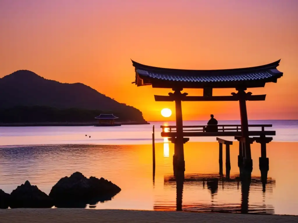 Un atardecer sereno sobre las aguas claras de Okinawa, con la silueta de un dojo tradicional de karate en primer plano